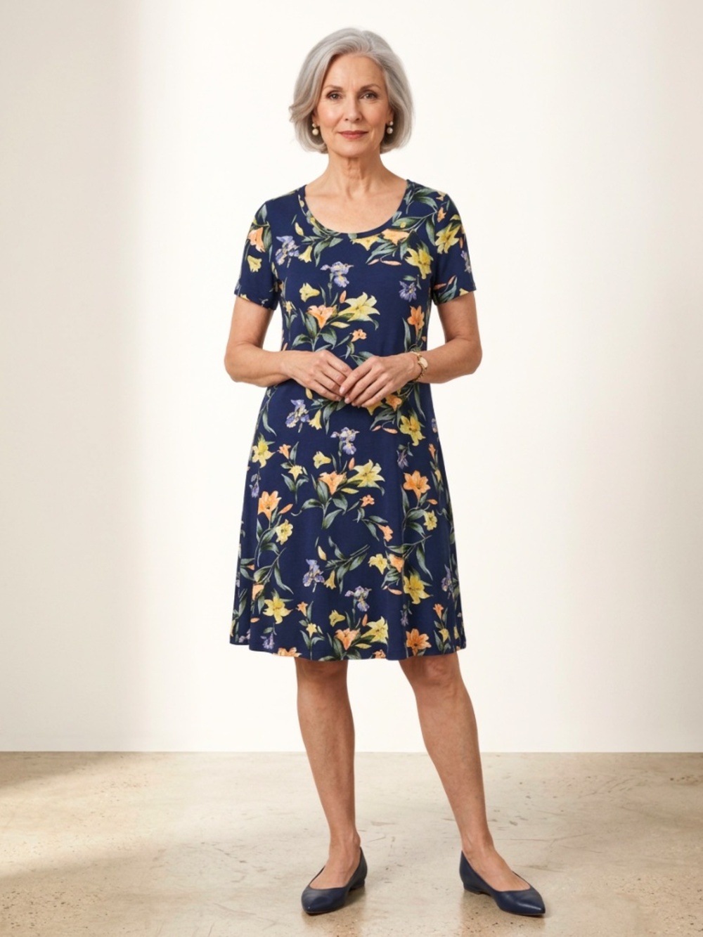 Pretty Women's Sun Dress Short Sleeve Knee Length Tropical Floral Print Large